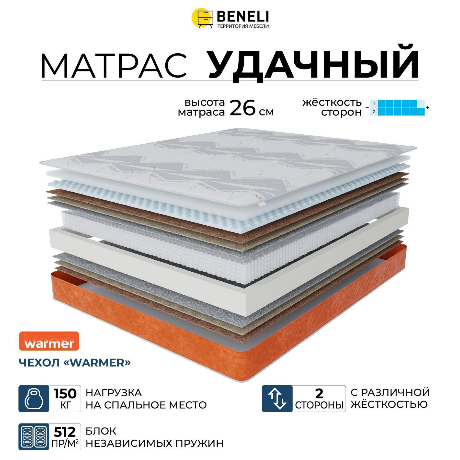 Ортопедический матрас Beneli Удачный в чехле Warmer, двусторонний, 180х200, Белый;оранжевый, УДАЧНЫЙ_Warmer
Ортопедический матрас Beneli Удачный в чехле Warmer, двусторонний, 180х200, Белый;оранжевый, УДАЧНЫЙ_Warmer