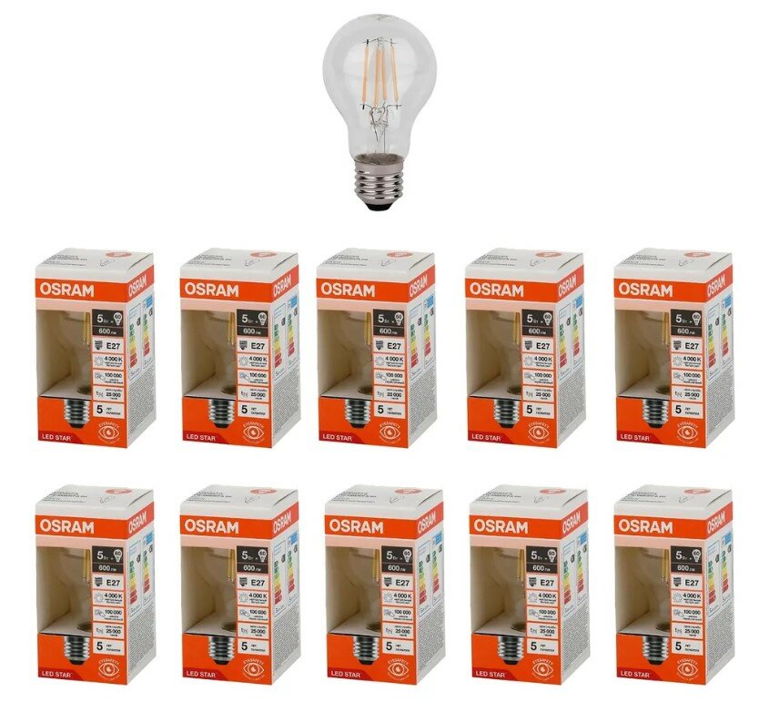 Лампочка светодиодная Osram филаментная стекло Груша A E27 5Вт 220В 4000К Дневн белый 10шт, Филамент стекло Груша A E27 5Вт 220В 4000К
Лампочка светодиодная Osram филаментная стекло Груша A E27 5Вт 220В 4000К Дневн белый 10шт, Филамент стекло Груша A E27 5Вт 220В 4000К