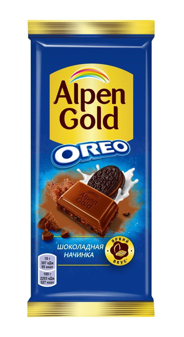 Шоколад Alpen Gold с шоколадной начинкой и кусочками печенья Oreo 90 г 
Шоколад Alpen Gold с шоколадной начинкой и кусочками печенья Oreo 90 г