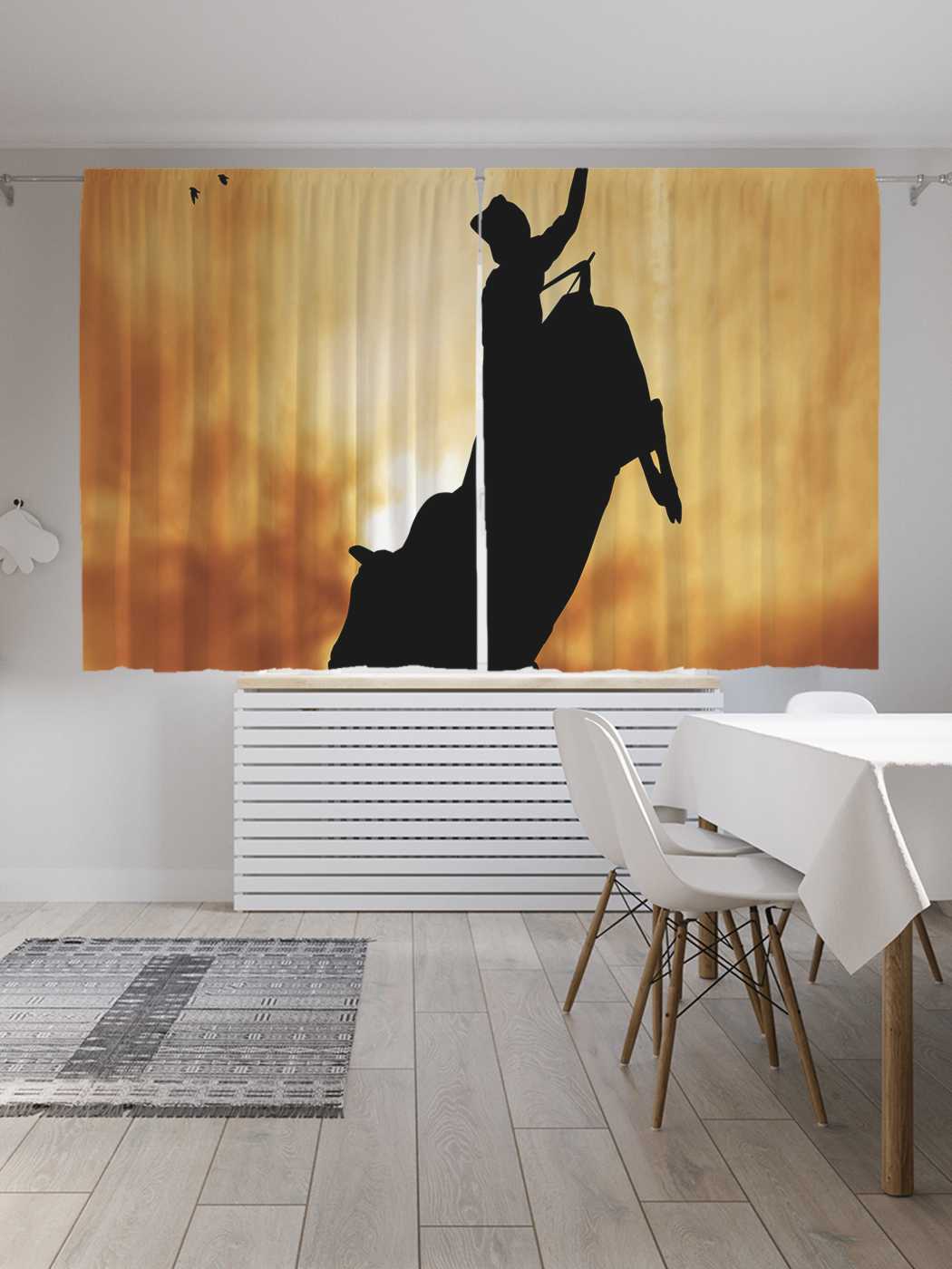 фото Шторы с фотопечатью joyarty "ковбой на быке" из сатена, 290х180 см