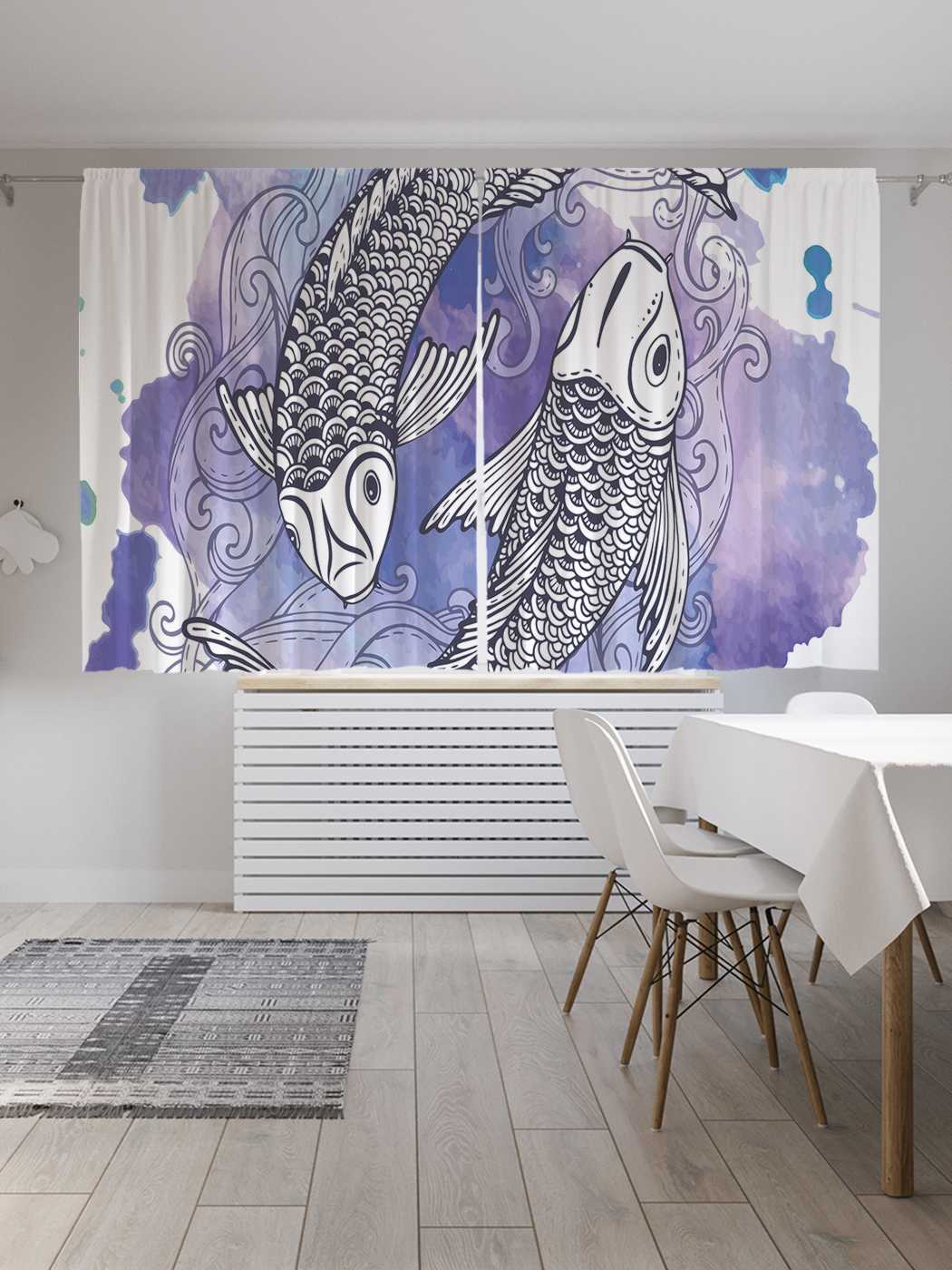 фото Шторы с фотопечатью joyarty "монохромные карпы" из сатена, 290х180 см