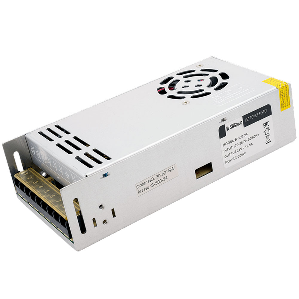 Блок питания SWG "S-300-24" 24В/12.5А, 300Вт, IP20 для светодиодной ленты 
Блок питания SWG "S-300-24" 24В/12.5А, 300Вт, IP20 для светодиодной ленты