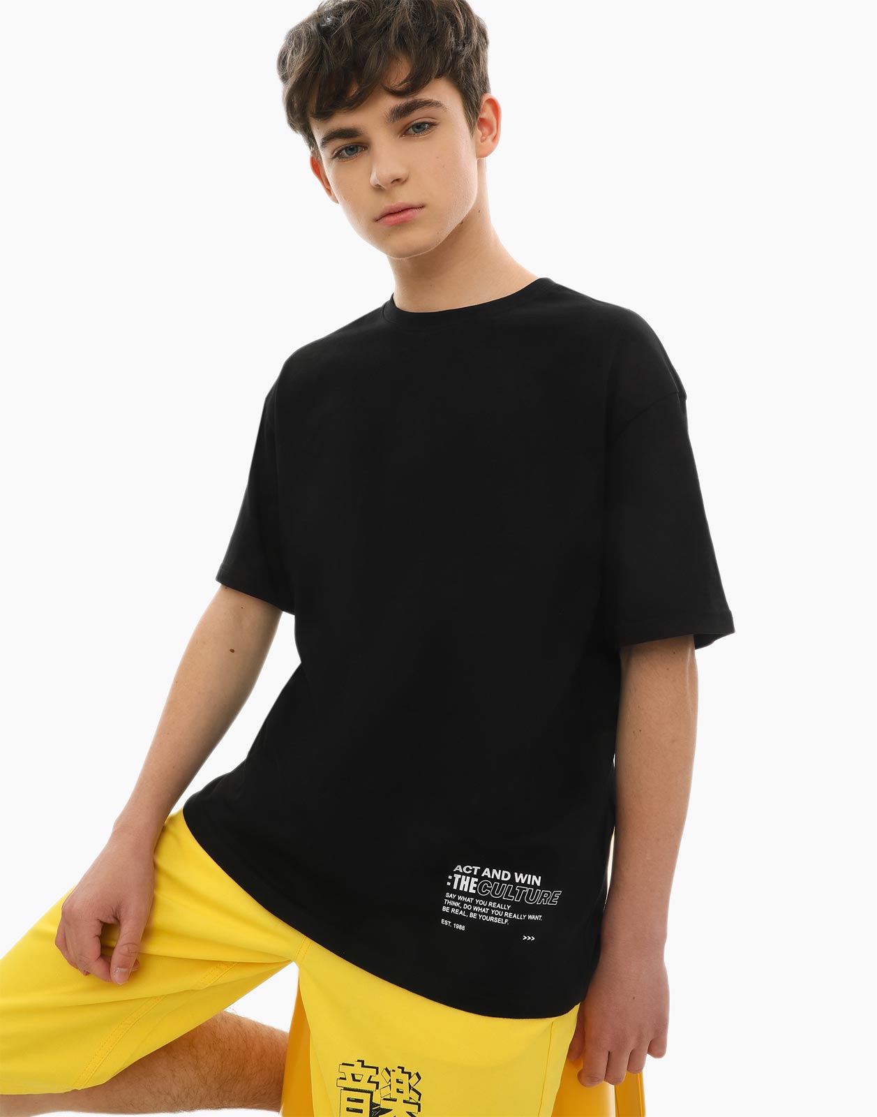 Чёрная базовая футболка oversize с надписями для мальчика 10-12л/146-152, Черный, BKT012192
Чёрная базовая футболка oversize с надписями для мальчика 10-12л/146-152, Черный, BKT012192