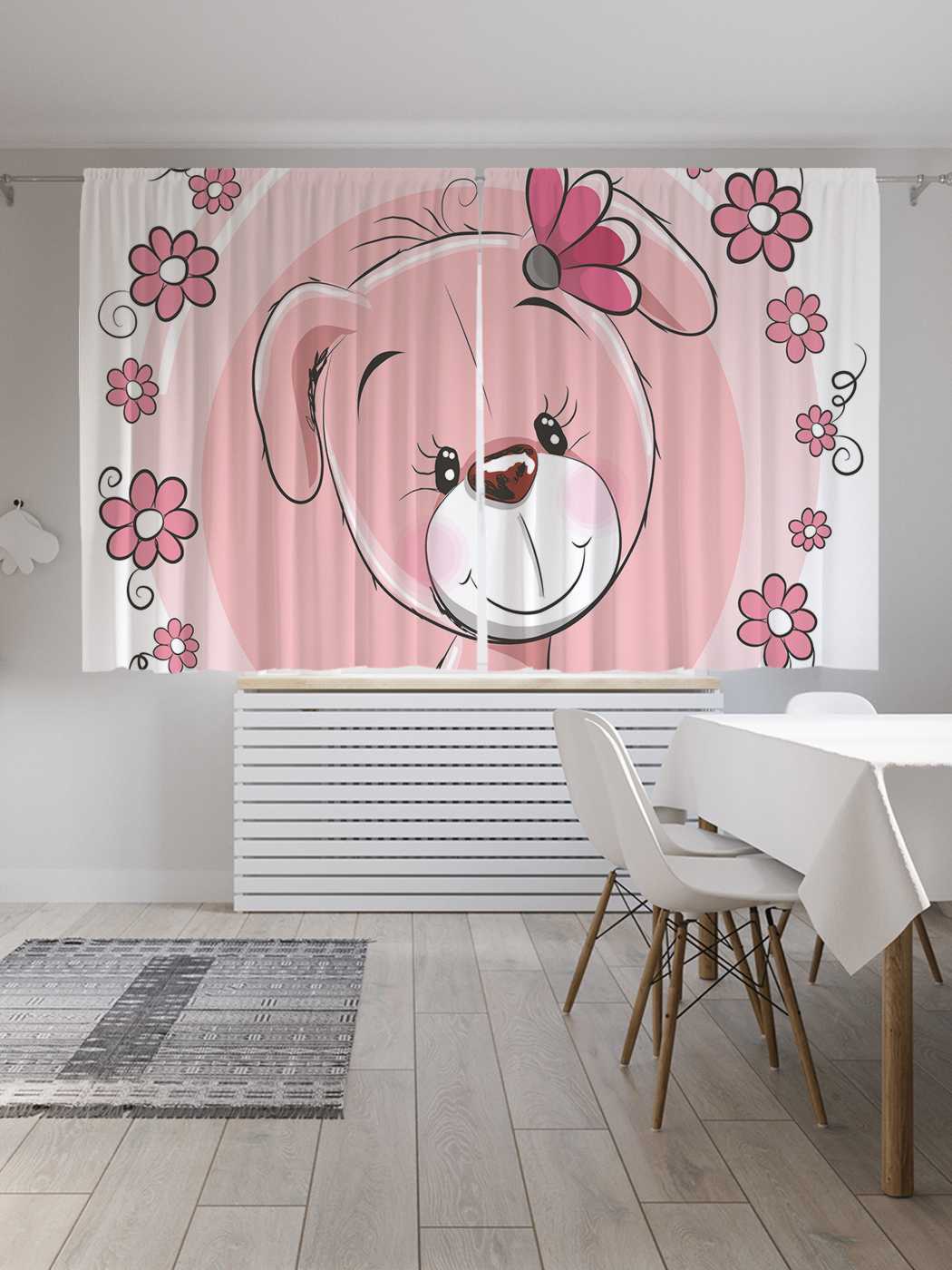 фото Шторы с фотопечатью joyarty "щенок с цветком" из сатена, 290х180 см