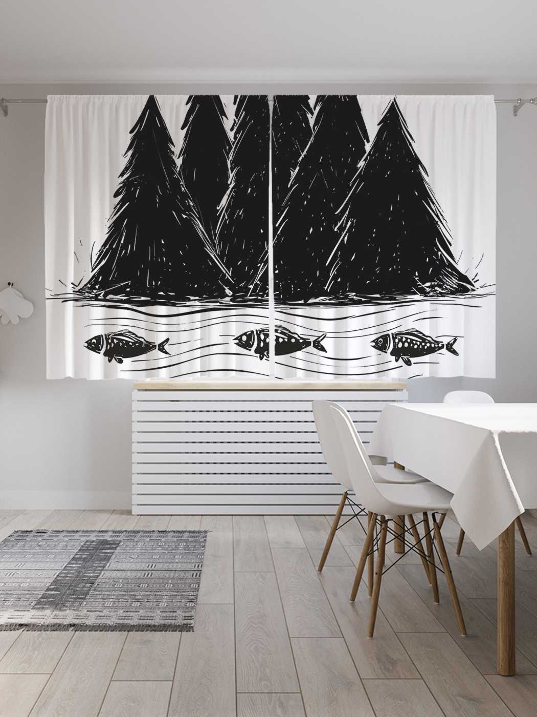 фото Шторы с фотопечатью joyarty "рыбы у леса" из сатена, 290х180 см
