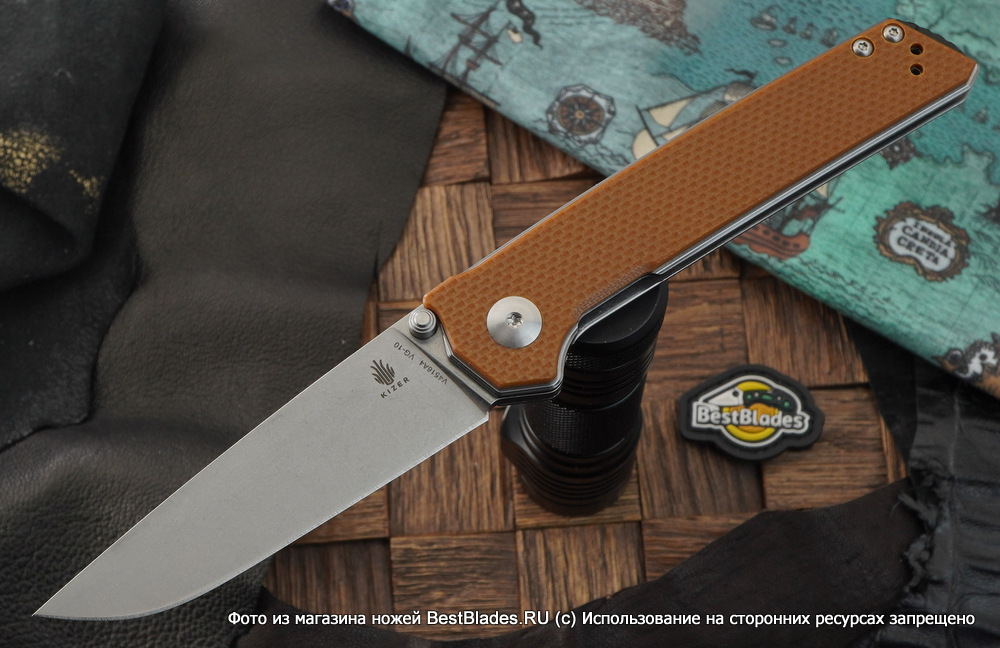 фото Складной нож kizer knives domin сталь vg10, коричневая g-10