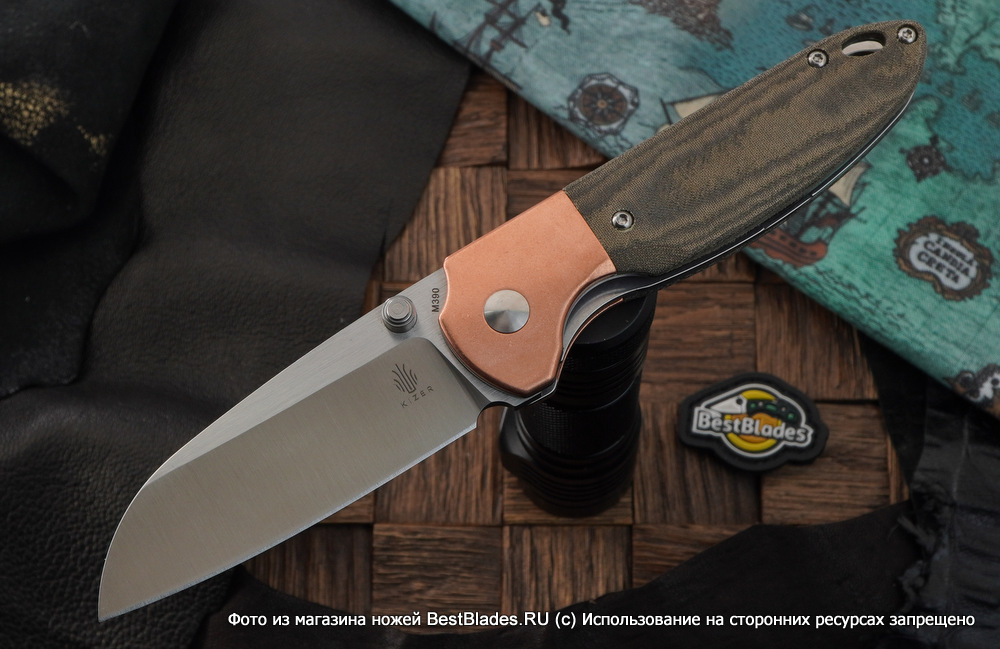 фото Складной нож kizer knives deviant сталь m390, медь/микарта