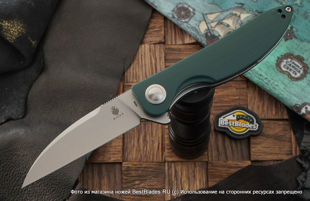 фото Складной нож kizer knives sway back сталь n690, зеленая g-10
