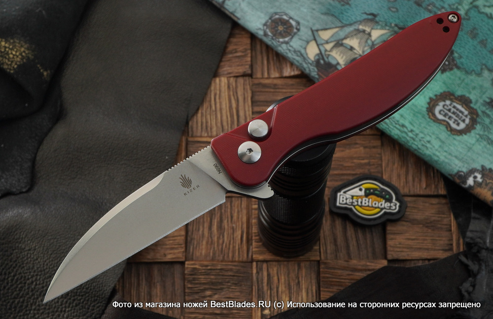 фото Складной нож kizer knives sway back сталь n690, красная микарта