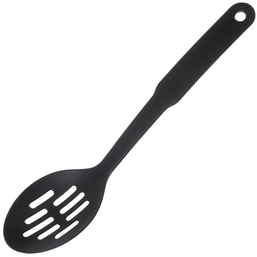 фото Ложка поварская нейлон, с прорезями, навеска, черная, daniks, эконом, yw-kt017-10/h1010-02