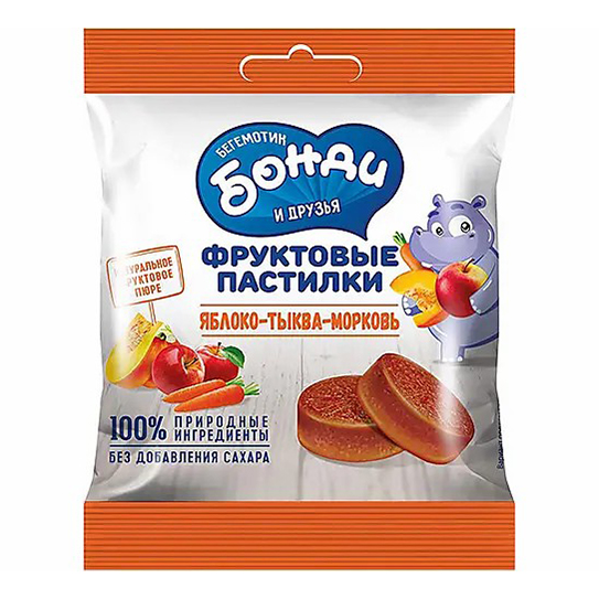 Пастилки фруктовые Бегемотик Бонди яблоко-тыква-морковь без сахара 30 г
Пастилки фруктовые Бегемотик Бонди яблоко-тыква-морковь без сахара 30 г