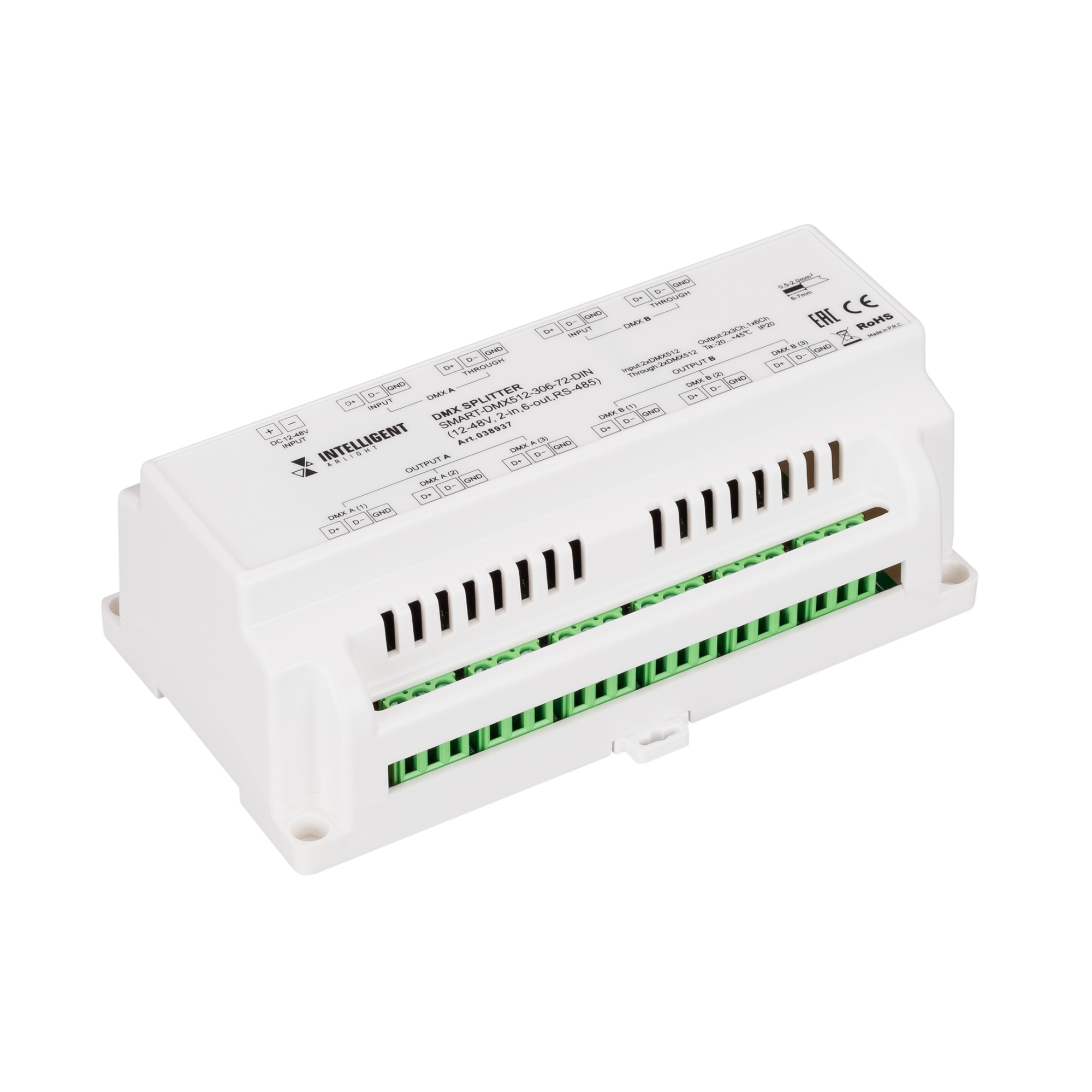 Сплиттер INTELLIGENT Arlight SMART-DMX512-306-72-DIN (12-48V, 2-in, 6-out, RS-485), 038937
Сплиттер INTELLIGENT Arlight SMART-DMX512-306-72-DIN (12-48V, 2-in, 6-out, RS-485), 038937