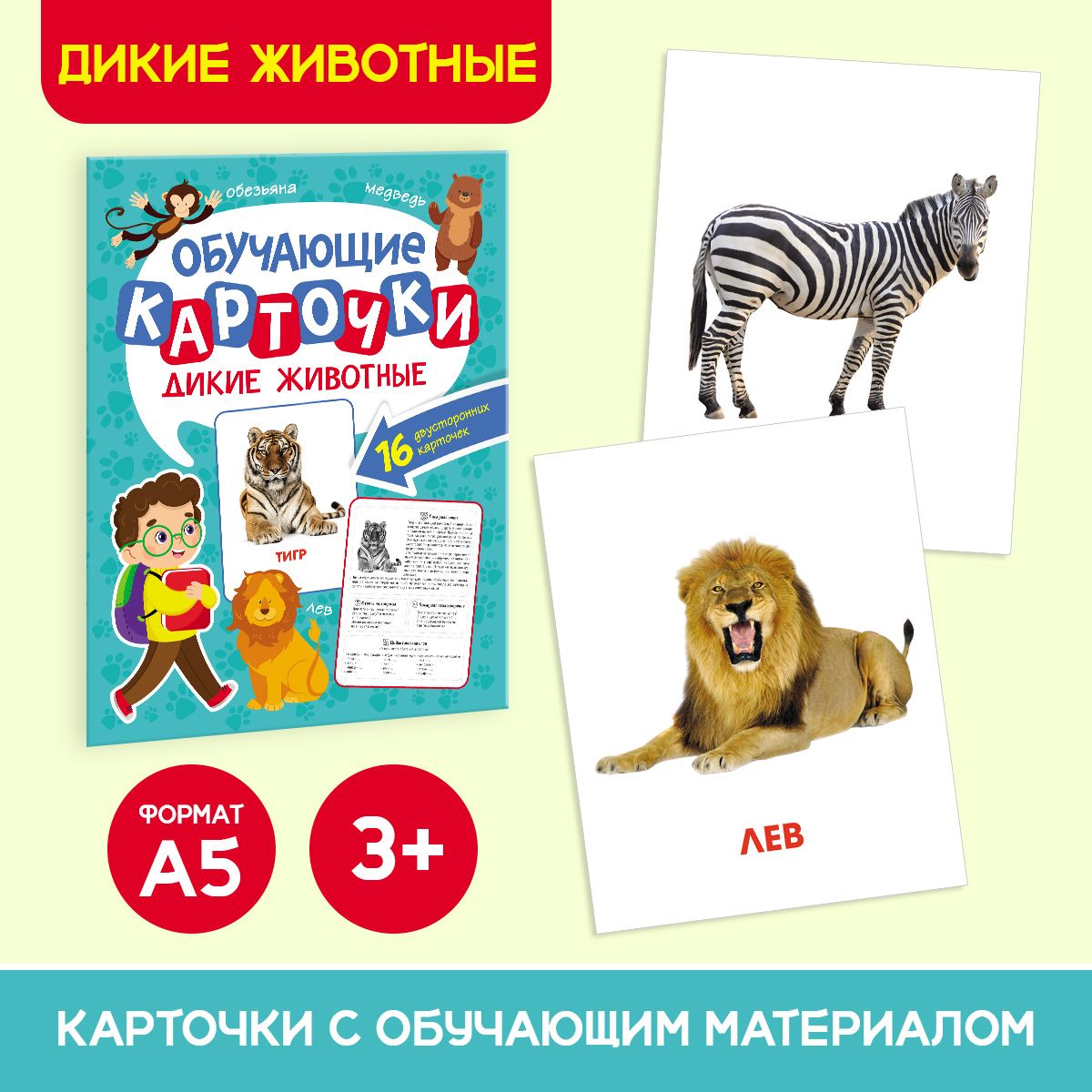 Обучающие карточки Дикие животные, 17х22 см, 16 двусторонних карточек, Обучающие карточки
Обучающие карточки Дикие животные, 17х22 см, 16 двусторонних карточек, Обучающие карточки