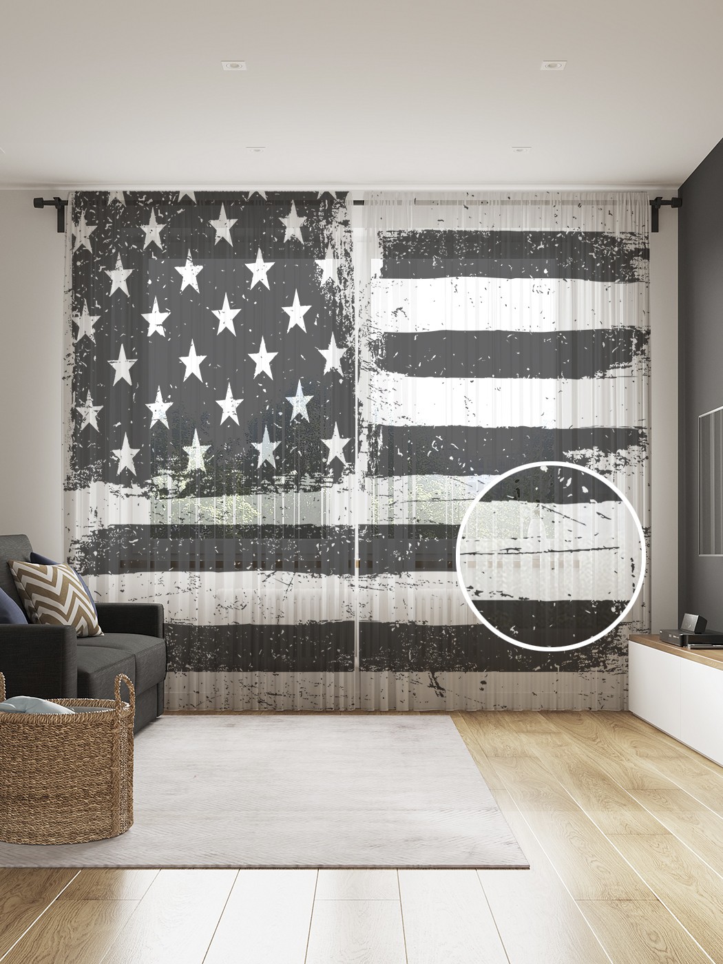 фото Фототюль joyarty "монохромный флаг сша", 145x265см, 2 полотна, лента, 50 крючков