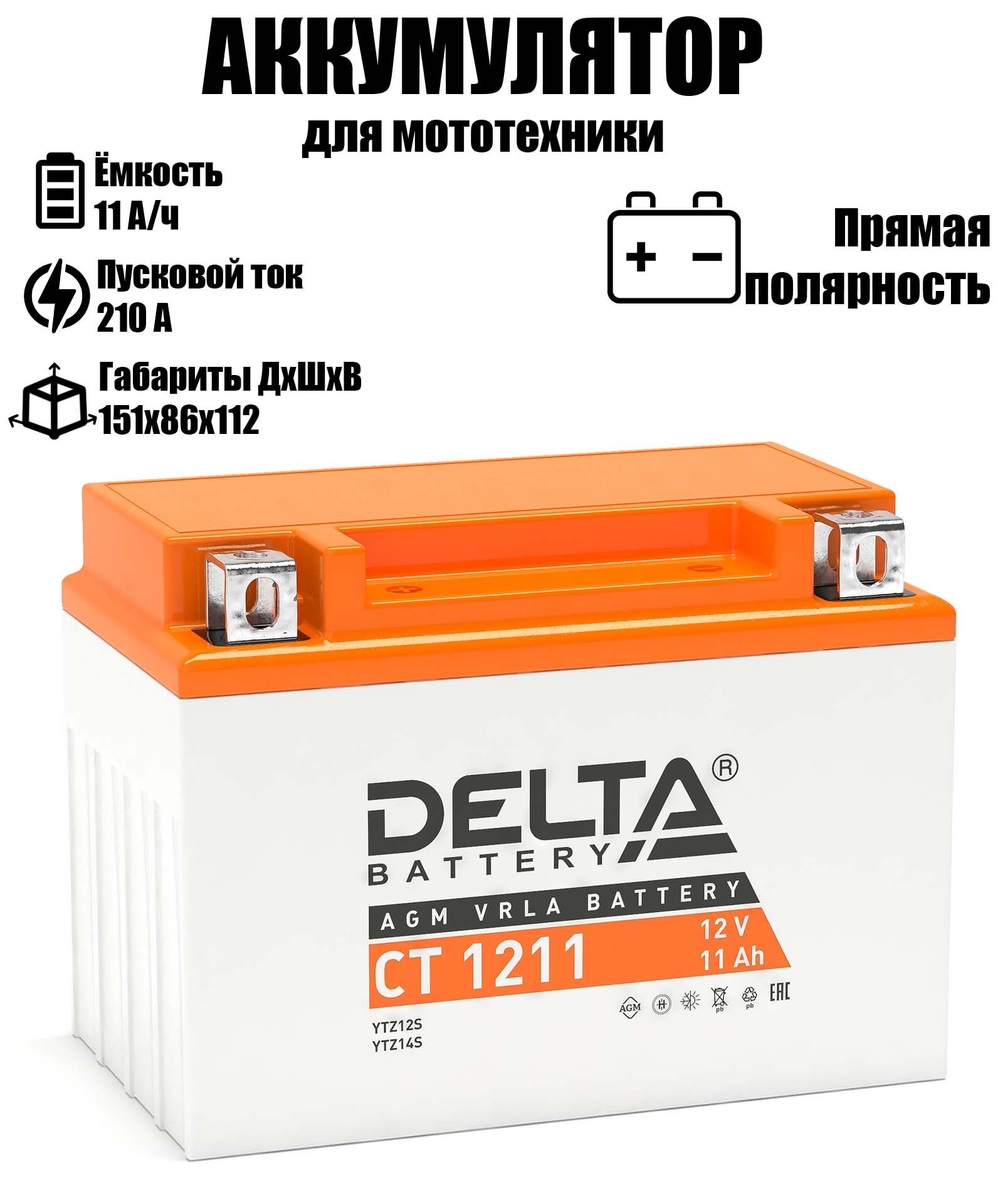 Аккумулятор автомобильный DELTA BATTERY 11 A/ч A 210 прямая полярность CT1211, DELTA CT
Аккумулятор автомобильный DELTA BATTERY 11 A/ч A 210 прямая полярность CT1211, DELTA CT