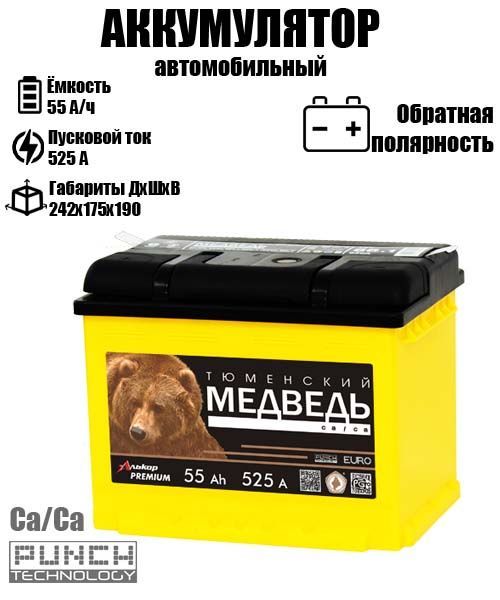 Аккумулятор для мотоцикла Тюменский Медведь 55 A/ч A 525 обратная полярность 9888, ТМ
Аккумулятор для мотоцикла Тюменский Медведь 55 A/ч A 525 обратная полярность 9888, ТМ