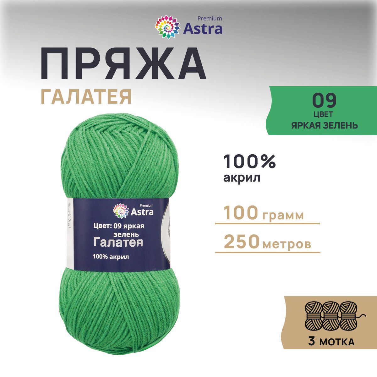 Пряжа для вязания Astra Premium Галатея 100г 250м, 100% акрил (09 яркая зелень), 3 шт, Зеленый, 7715898
Пряжа для вязания Astra Premium Галатея 100г 250м, 100% акрил (09 яркая зелень), 3 шт, Зеленый, 7715898