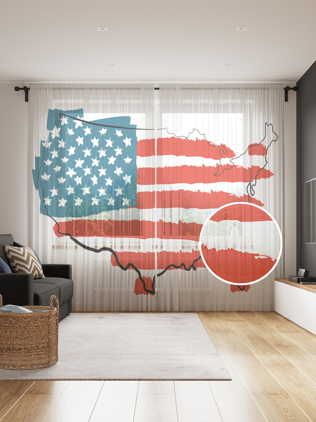 фото Фототюль joyarty "нарисованный флаг сша на карте", 145x265см, 2 полотна, лента, 50 крючков