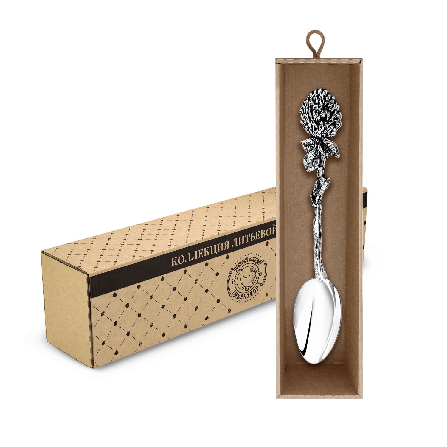 фото Ложка чайная кольчугинский мельхиор клевер латунная посеребренная в футляре