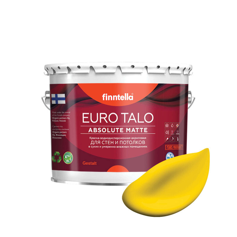 Краска EURO TALO, KELTAINEN жёлтый, 2,7л, Желтый, экстраматовая EURO TALO FlatMatte для гостиной и спальни
Краска EURO TALO, KELTAINEN жёлтый, 2,7л, Желтый, экстраматовая EURO TALO FlatMatte для гостиной и спальни