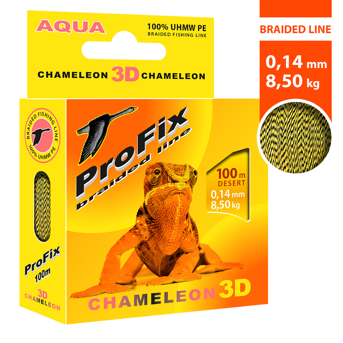 Плетеный шнур AQUA ProFix Chameleon 3D Desert 0,14mm 100m, цвет - Desert, test - 8,50kg, Желтый, ProFix 3D
Плетеный шнур AQUA ProFix Chameleon 3D Desert 0,14mm 100m, цвет - Desert, test - 8,50kg, Желтый, ProFix 3D
