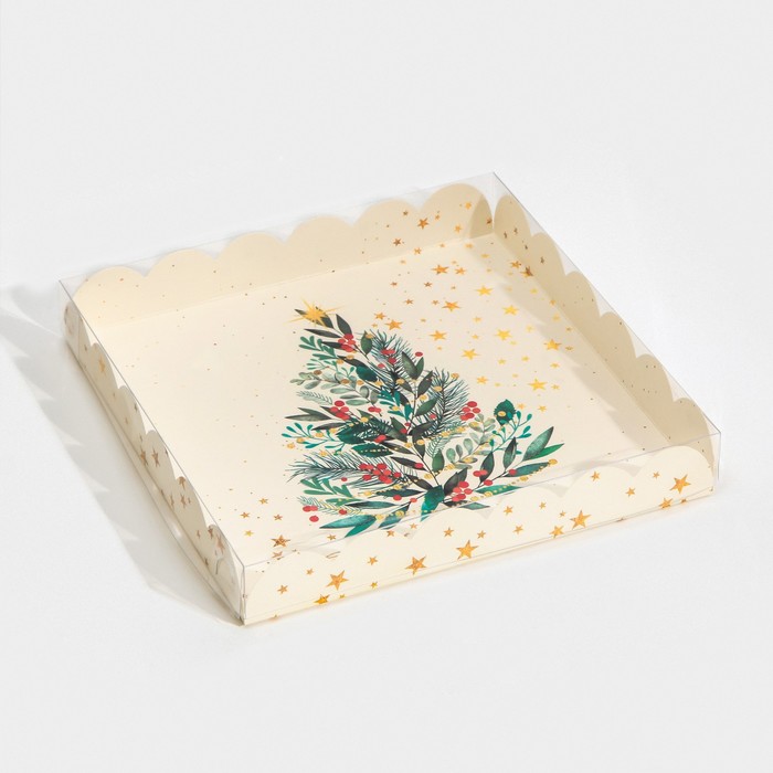 Коробка для кондитерских изделий с PVC крышкой Елка, 21х21х3 см (5 шт), Бежевый 
Коробка для кондитерских изделий с PVC крышкой Елка, 21х21х3 см (5 шт), Бежевый