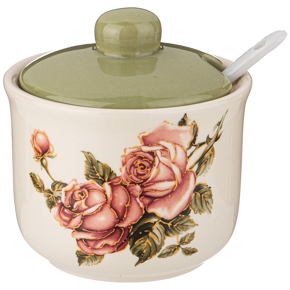 фото Сахарница agness 358-1997 с ложкой "корейская роза" 10*10 см. высота 9,5 см, 300 мл.