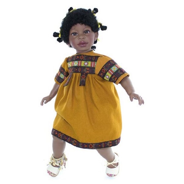 фото Кукла lamagik алика, чернокожая, в горчичном платье с орнаментом p6006, 60 см
