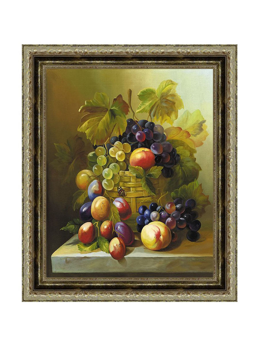 фото Картина в раме 40х50 см. натюрморт живопись корзина с фруктами бабочка в раме из багета декарт