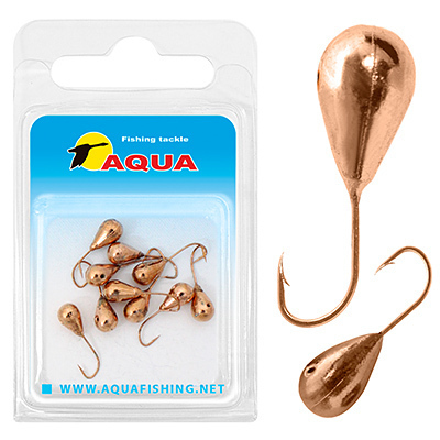 фото Мормышка вольфрамовая aqua "капля с отверстием", диаметр 4,0 мм, крючок №16, медь, 10 шт.