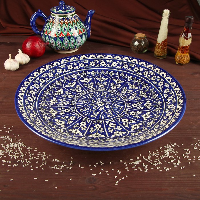Ляган круглый Риштанская Керамика, 41см, кара калам, микс, Красный, Риштанская роспись синяя
Ляган круглый Риштанская Керамика, 41см, кара калам, микс, Красный, Риштанская роспись синяя