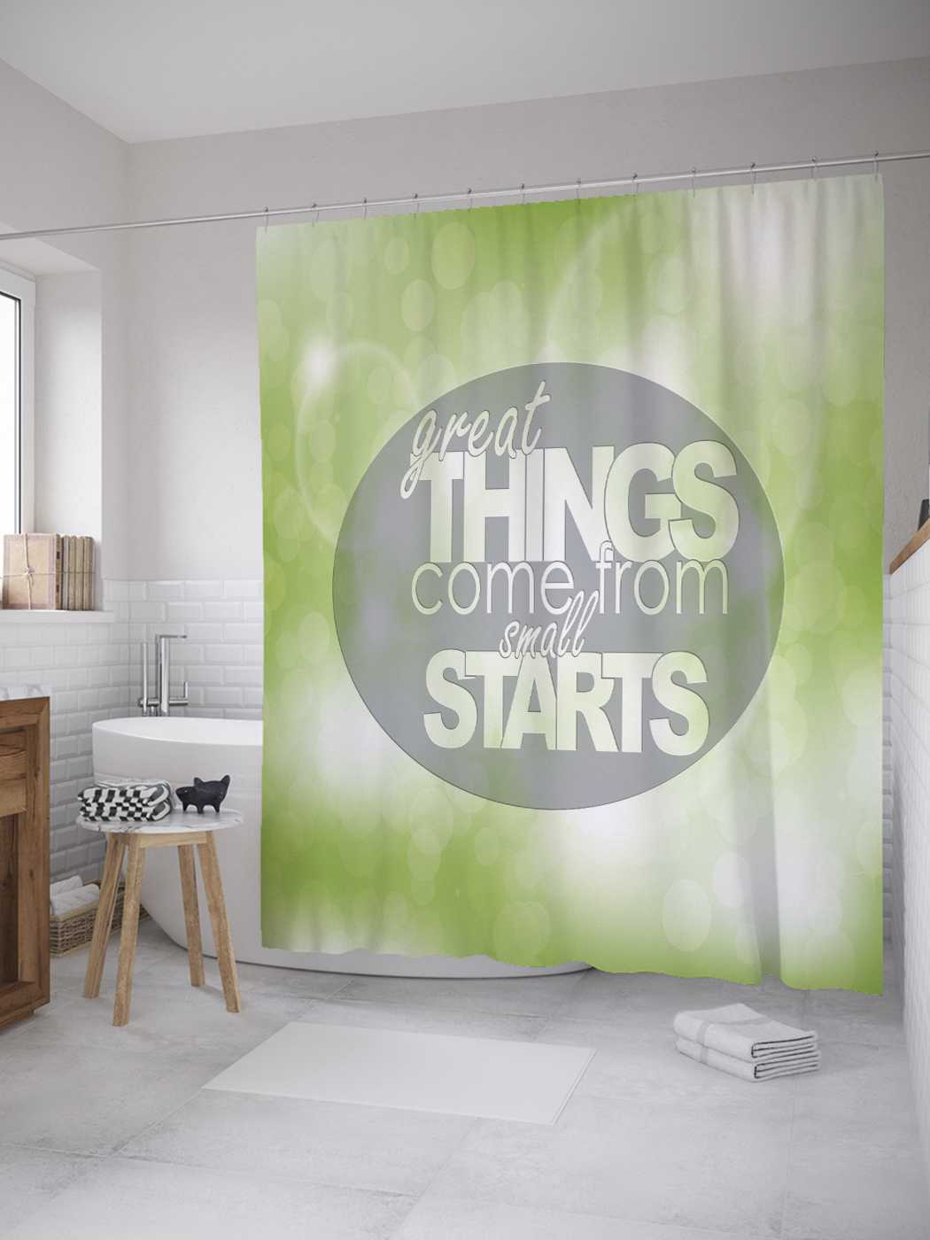 Штора для ванной JoyArty "Великая мысль приходит с малых стартов" 180х200 см, Зеленый 
Штора для ванной JoyArty "Великая мысль приходит с малых стартов" 180х200 см, Зеленый