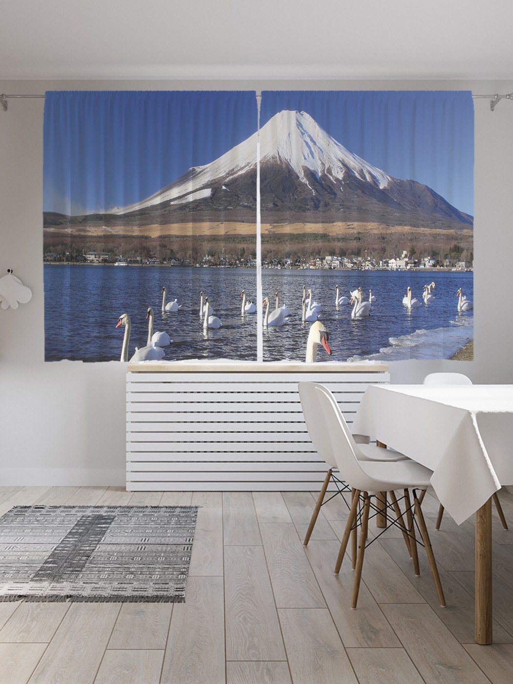 фото Шторы joyarty с фотопечатью "лебеди у подножия фудзиямы" из сатена, 290х180 см