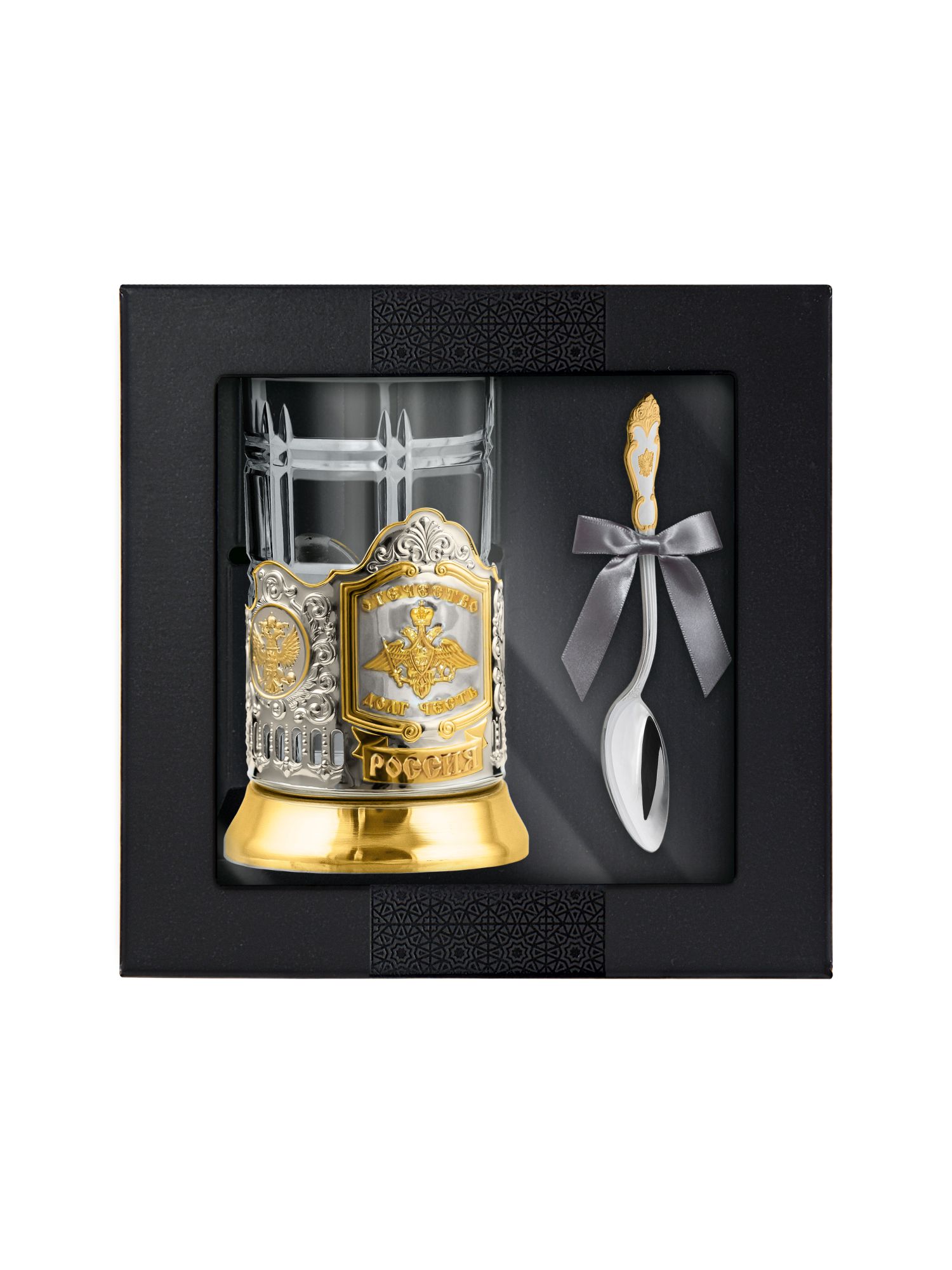 фото Набор для чая отечество, долг, честь никелированный с позолотой с ложкой кольчугинский мельхиор