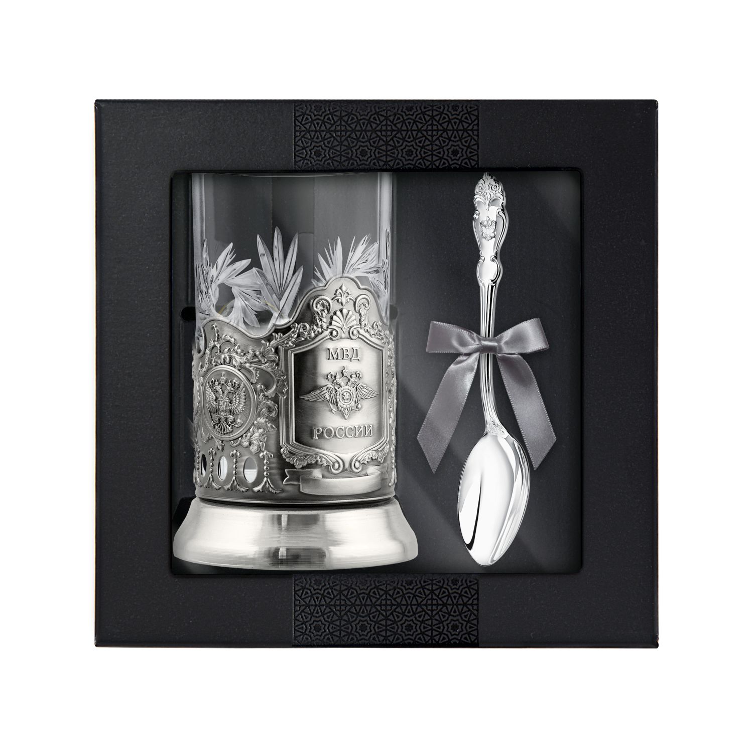 фото Набор для чая мвд никелированный с ложкой герб кольчугинский мельхиор