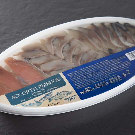 Рыбное ассорти ВкусВилл сельдь-скумбрия-горбуша слабосоленая в масле филе кусочки 170 г
Рыбное ассорти ВкусВилл сельдь-скумбрия-горбуша слабосоленая в масле филе кусочки 170 г
