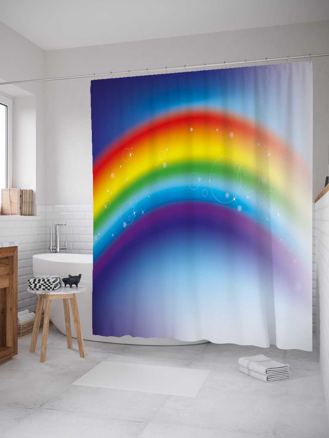 Штора для ванной JoyArty "Блики на радуге" из сатена, 180х200 см с крючками, Голубой 
Штора для ванной JoyArty "Блики на радуге" из сатена, 180х200 см с крючками, Голубой
