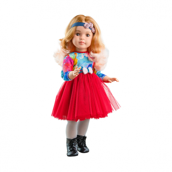 фото Кукла paola reina марта в красном платье с синей повязкой с розами, шарнирная, 60 см 06564