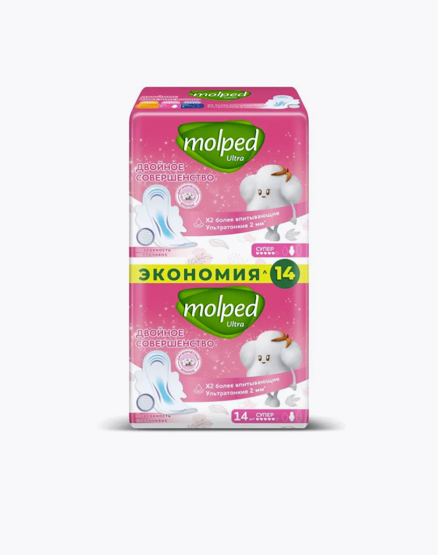 Прокладки женские гигиенические MOLPED ULTRA Super супер впитывающие 14 шт., Белый, MOLPED ULTRA
Прокладки женские гигиенические MOLPED ULTRA Super супер впитывающие 14 шт., Белый, MOLPED ULTRA