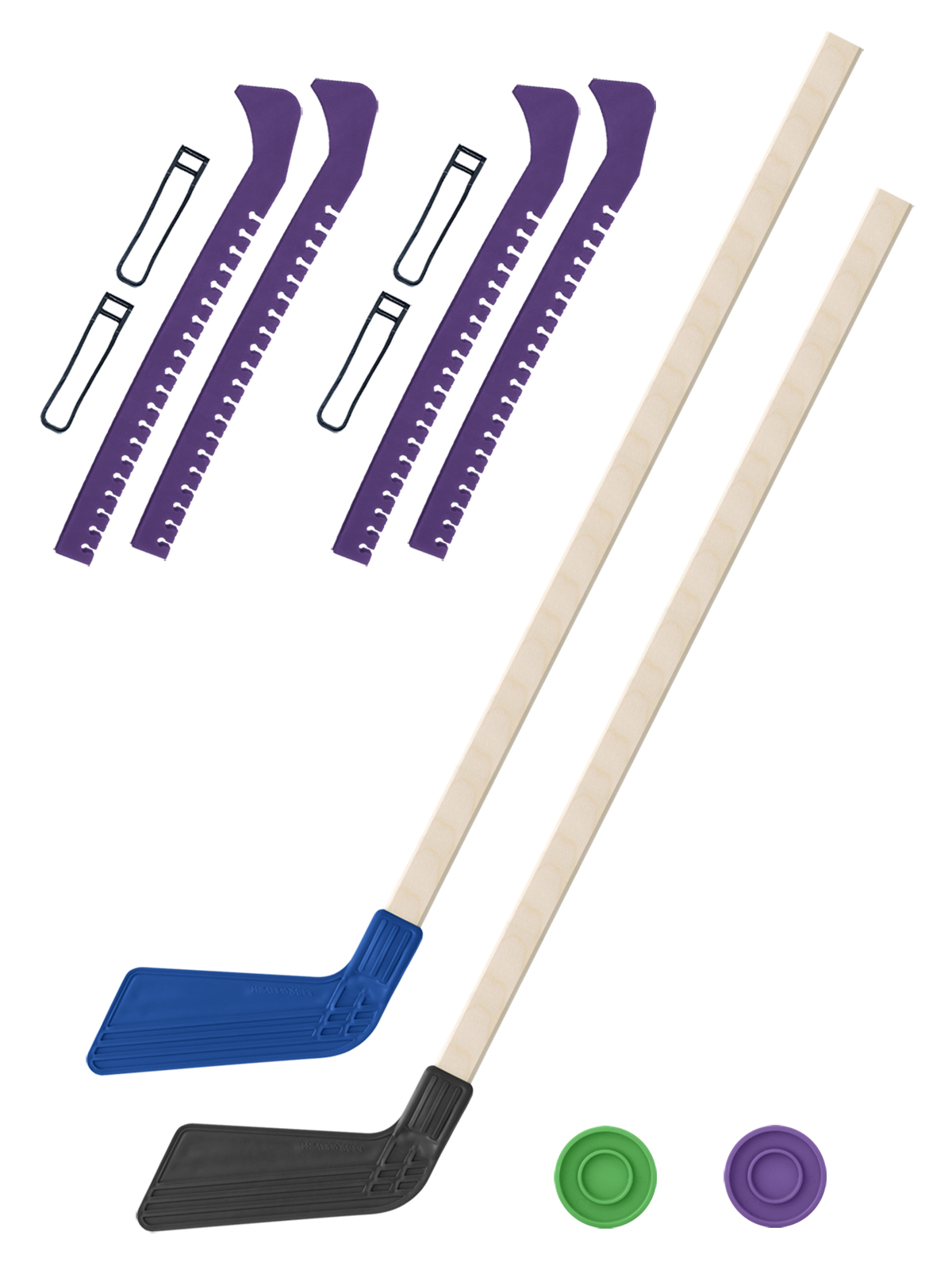 фото 2 клюшки хоккейных синяя и чёрная 80 см.+2 шайбы + чехлы для коньков фиолетовые - 2 шт. задира-плюс