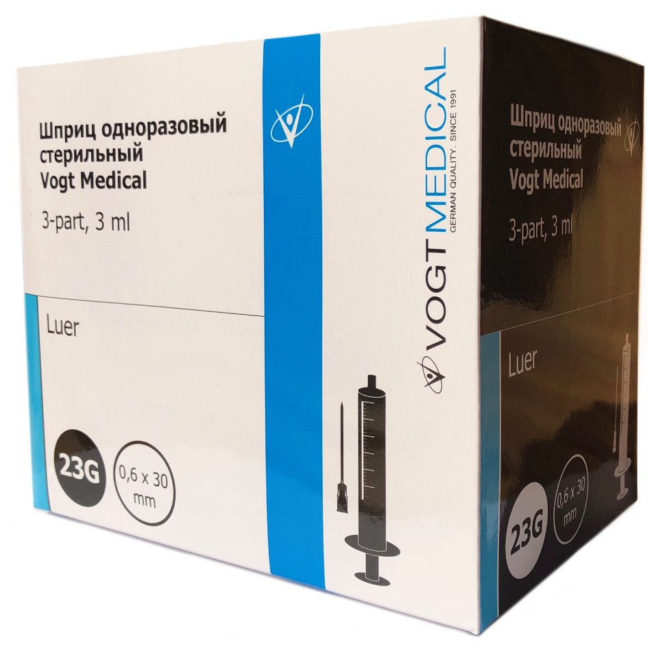 Шприц одноразовый стерильный Vogt Medical 3 мл с иглой 23G 1 1/4 (0,6*30мм) luer 100 шт
Шприц одноразовый стерильный Vogt Medical 3 мл с иглой 23G 1 1/4 (0,6*30мм) luer 100 шт