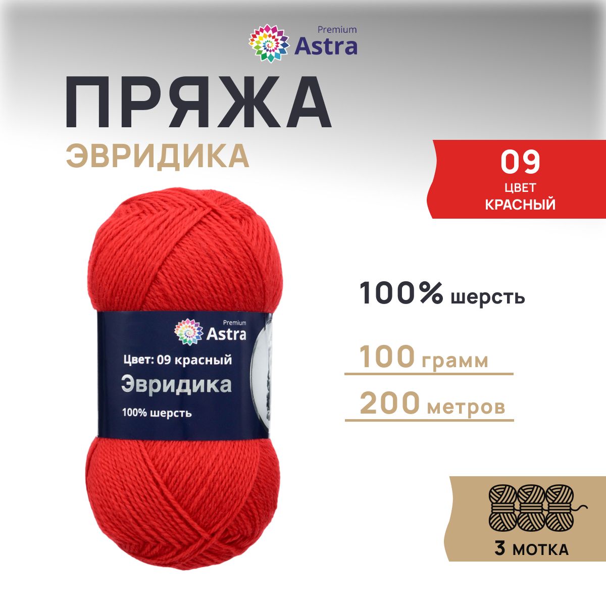 Пряжа для вязания Astra Premium Эвридика 100г 200м, овечья шерсть (09 красный), 3 шт, 7715899
Пряжа для вязания Astra Premium Эвридика 100г 200м, овечья шерсть (09 красный), 3 шт, 7715899