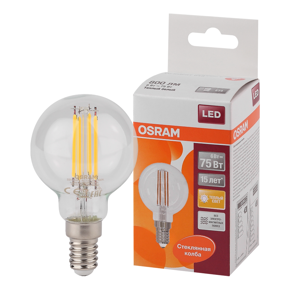 Лампочка филаментная OSRAM LED Star, 806лм, 6W, 2700К, светодиодная, теплый свет, E14, шар
Лампочка филаментная OSRAM LED Star, 806лм, 6W, 2700К, светодиодная, теплый свет, E14, шар