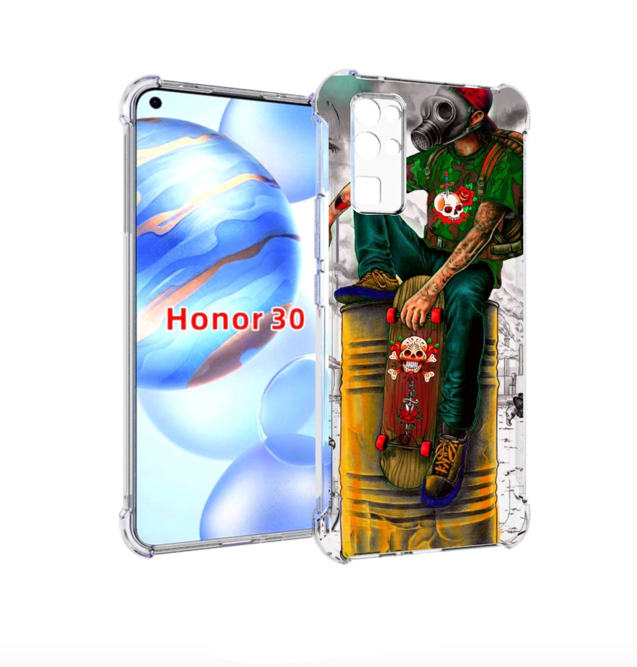 Чехол бампер MyPads скейтер в противогазе для Honor 30 (BMH-AN10, Прозрачный, Tocco 
Чехол бампер MyPads скейтер в противогазе для Honor 30 (BMH-AN10, Прозрачный, Tocco