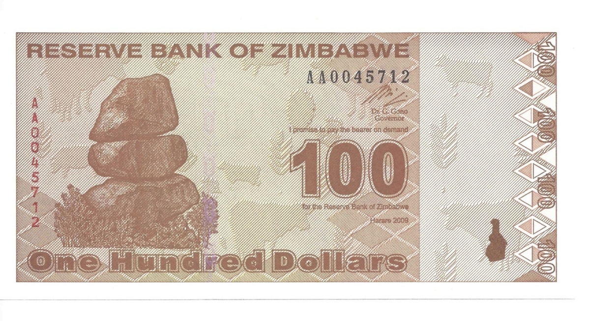 Подлинная банкнота 100 долларов, Зимбабве, 2009 г. в. Купюра в состоянии аUNC (без обр)
Подлинная банкнота 100 долларов, Зимбабве, 2009 г. в. Купюра в состоянии аUNC (без обр)