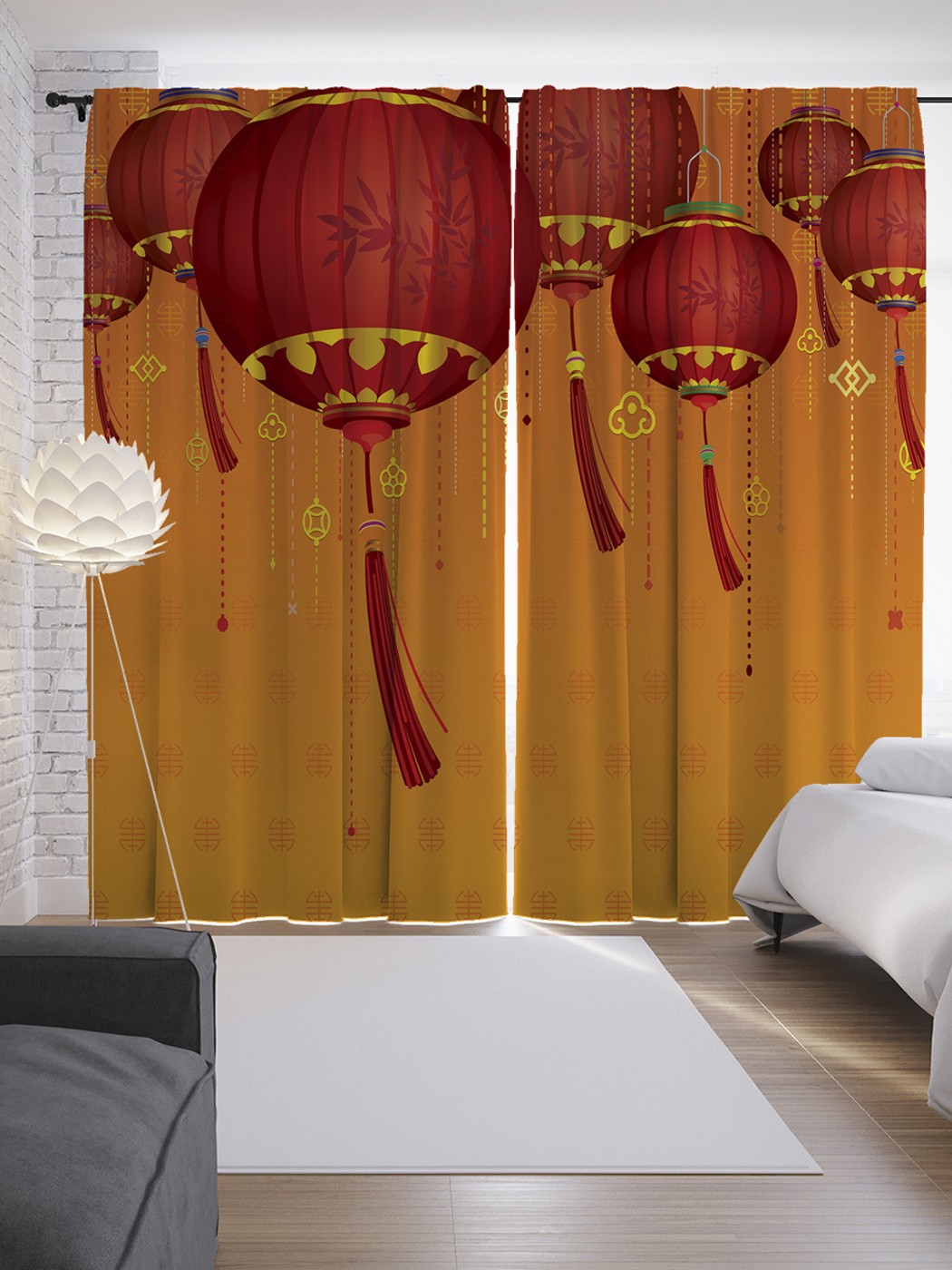 фото Шторы с фотопечатью "взлетающие фонари" из сатена, 290х265 см joyarty