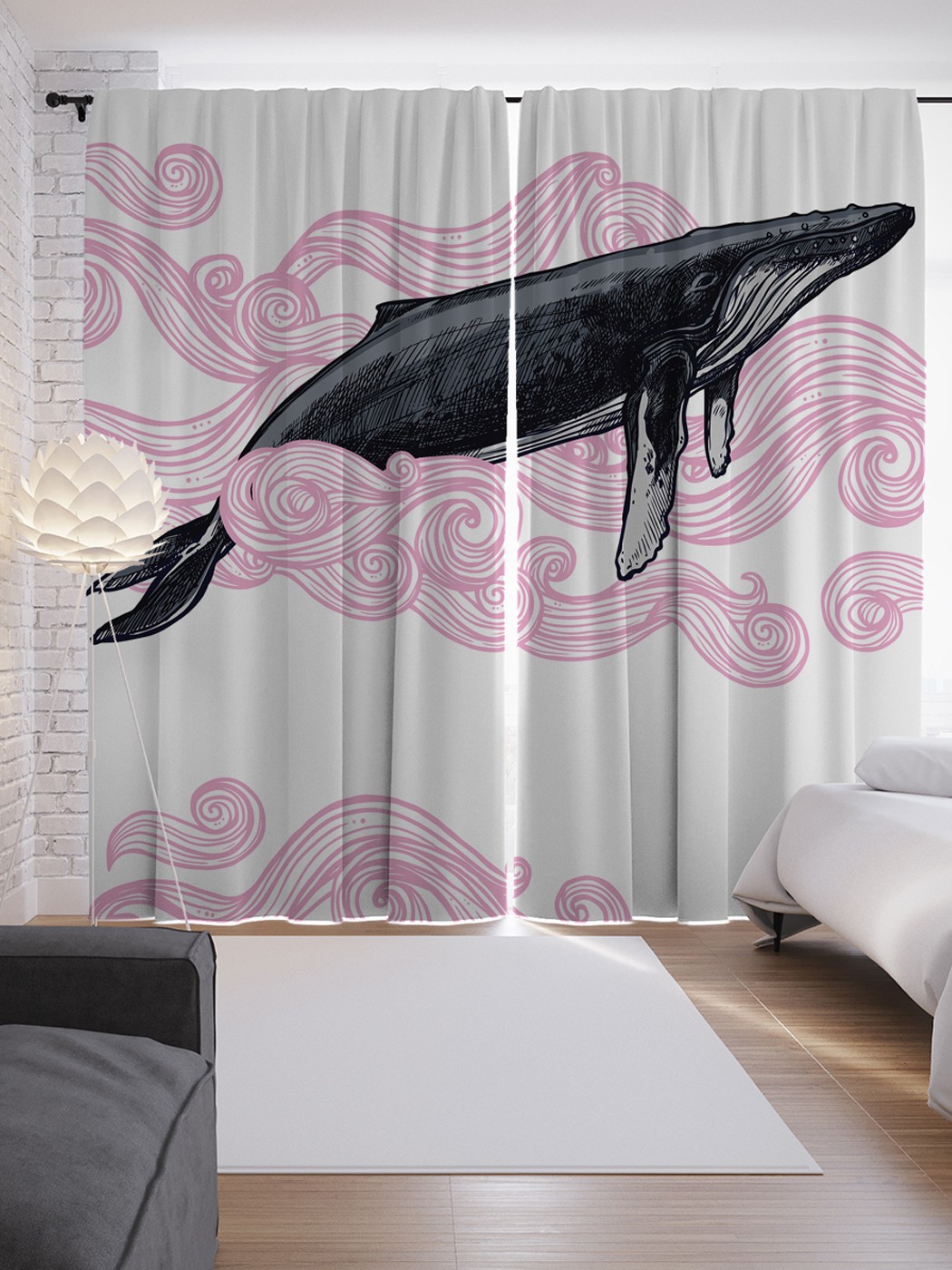 фото Шторы с фотопечатью joyarty «ветренный кит» из сатена, 290х265 см