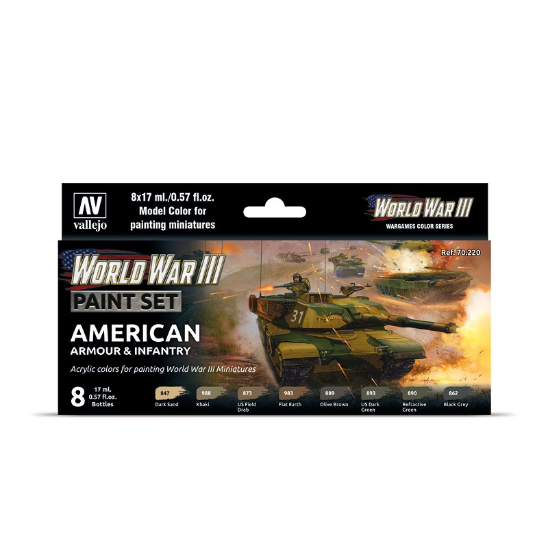 Набор красок Vallejo Model Color WWIII American Armour & Infantry,8 красок по 17 мл, 70220, WWIII American Armour & Infantry
Набор красок Vallejo Model Color WWIII American Armour & Infantry,8 красок по 17 мл, 70220, WWIII American Armour & Infantry