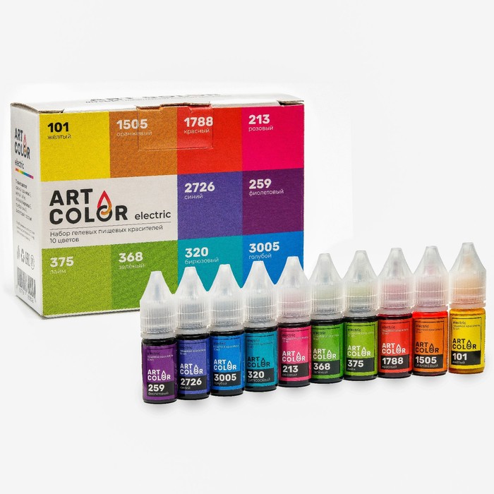 Art Color Набор гелевых пищевых красителей Art color electric, микс 10 цветов, 10 мл
Art Color Набор гелевых пищевых красителей Art color electric, микс 10 цветов, 10 мл