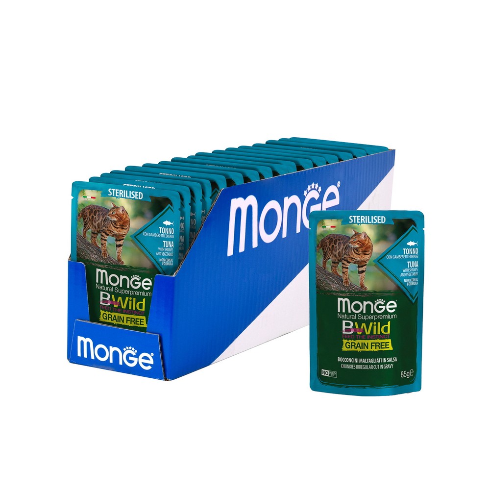 Влажный корм для кошек Monge Cat BWild Grain Free тунец, креветки и овощи 28 шт по 85 г, Bwild Grain free Sterilised
Влажный корм для кошек Monge Cat BWild Grain Free тунец, креветки и овощи 28 шт по 85 г, Bwild Grain free Sterilised